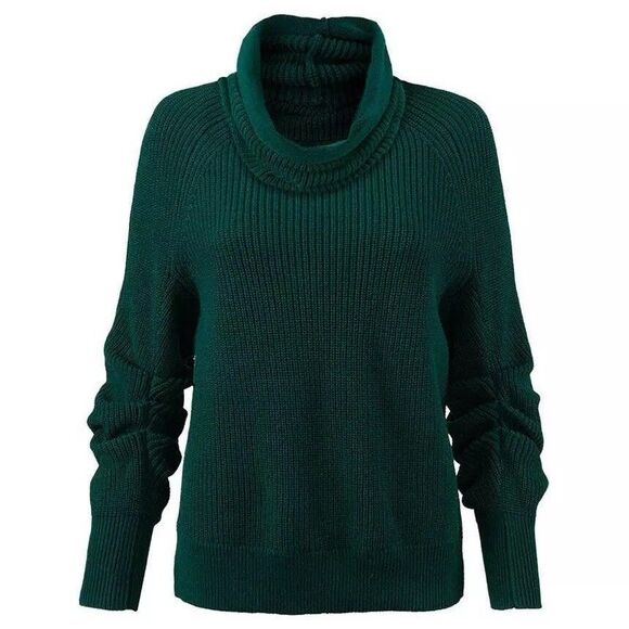 Women's Cabi # 3532 Cowl Pullover Forest Green Ruched Sleeve Sweater Size Small - Picture 1 of 13